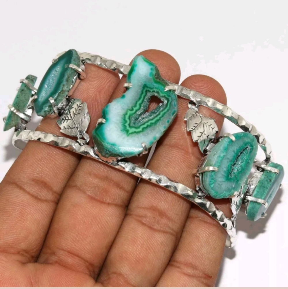 New Agate Geode Slice 925 Silver Cuff Bracelet.